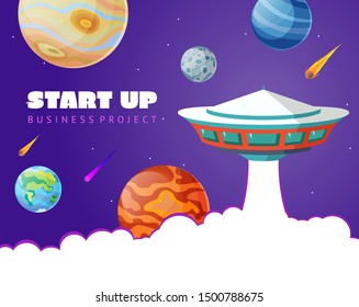 Start up concept space background with ufo and planets. Web design. Space exploring vector illustration.