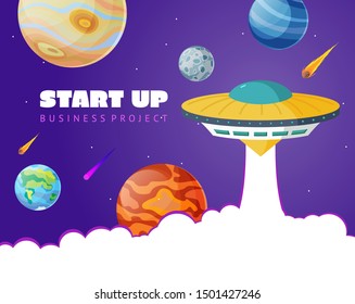 Start up concept space background with ufo and planets. Web design. Space exploring vector illustration.