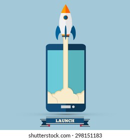 Start up concept - Vector illustration of new business project startup development and launch a new innovation product on a market. Flat modern design.