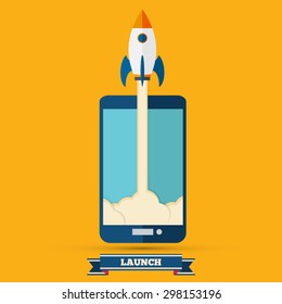 Start up concept - Vector illustration of new business project startup development and launch a new innovation product on a market. Flat modern design.
