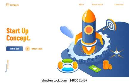 Diseño de afiches de la página web Start Up Concept con elementos de negocio 3d como el cohete, la rueda cognitiva, la nube y el dinero de la moneda sobre fondo abstracto.