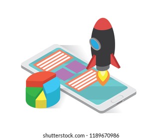 start up connection isometric icons concept, rocket illustration vector,website vector illustration