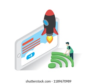 start up connection isometric icons concept, rocket illustration vector,website vector illustration