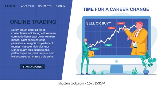 Iniciar el curso en línea, Tiempo para cambiar de carrera. Lecciones en línea sobre desarrollo profesional en el trabajo con acciones de grandes empresas. El hombre en el negocio habla de comprar y vender.