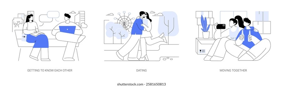 Start dating isolated cartoon vector illustrations set. Young man and woman getting to know each other, talking on a date, happy couple kissing, moving to new home, living together vector cartoon.