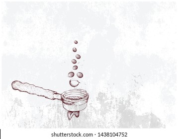 Start A Day with Coffee, Illustration Hand Drawn Sketch of A Cup of Coffee with Roasted Coffee Bean Roasted Coffee Beans in Metal Portafilter or Filter Holder of Espresso Machine.