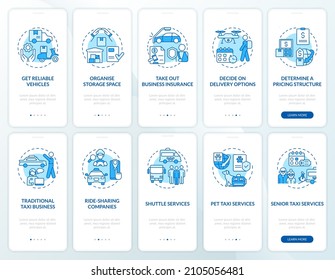Start delivery business blue and white onboarding mobile app screen set. Postal walkthrough 5 steps graphic instructions pages with concepts. UI, UX, GUI template. Myriad Pro-Bold, Regular fonts used