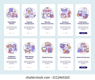 Start delivery business onboarding mobile app screen set. Service walkthrough 5 steps graphic instructions pages with linear concepts. UI, UX, GUI template. Myriad Pro-Bold, Regular fonts used