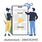 Start demo application. Man and woman near smartphone with new application or program. Graphic designers and freelancers work on common project. UI and UX design. Linear vector illustration