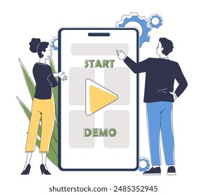 Start demo application. Man and woman near smartphone with new application or program. Graphic designers and freelancers work on common project. UI and UX design. Linear vector illustration