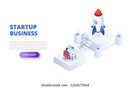 Start up design concept with astronaut and working businessman. Isometric vector illustration. Landing page template for web.