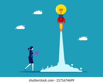 Start developing with creativity. Light bulb rockets into the sky. business and investment. rocket light bulb launch