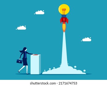 Start developing with creativity. Light bulb rockets into the sky. business and investment. rocket light bulb launch
