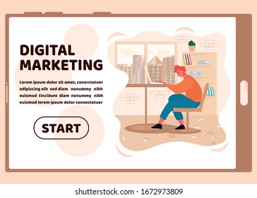 Beginnen Sie mit dem Projekt Digital Business. Einladung Vektorillustration Landing Page auf Mobile Screen. Flat Smartphone mit Promotion Text und Worker with Laptop. Online-Marketing für Verkaufsmedien. Cartoon Illustration