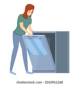 Start dishwasher machine icon cartoon vector. Woman housewife. Mom household
