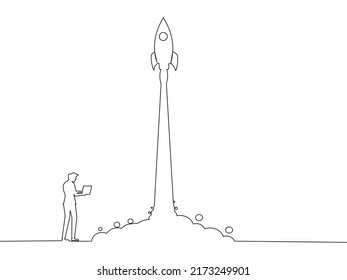 Start doing business. A businessman is working on launching a rocket. business concept vector
