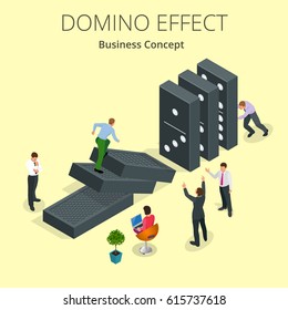 Start domino effect. Chain reaction concept. Successful intervention. Man pushes the domin. Business metaphor.