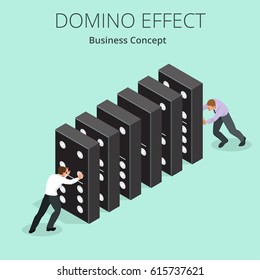 Start domino effect. Chain reaction concept. Successful intervention. Man pushes the domin. Business metaphor.