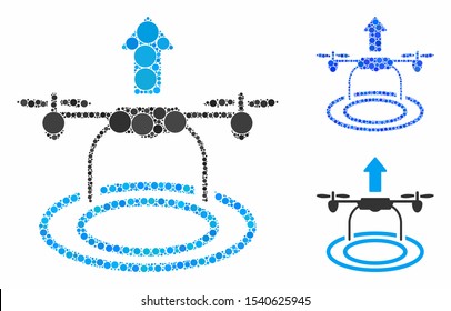 Start drone composition of circle elements in various sizes and color tones, based on start drone icon. Vector circle elements are organized into blue mosaic.