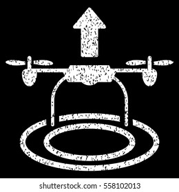 Start Drone grainy textured icon for overlay watermark stamps. Flat symbol with unclean texture. Dotted vector white ink rubber seal stamp with grunge design on a black background.