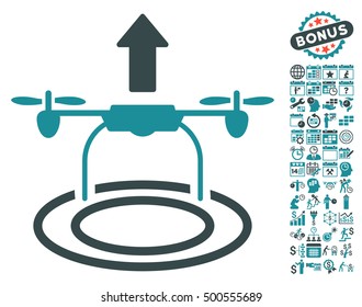 Start Drone icon with bonus calendar and time management graphic icons. Vector illustration style is flat iconic symbols, soft blue colors, white background.