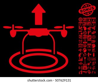Start Drone icon with bonus calendar and time management design elements. Vector illustration style is flat iconic symbols, red color, black background.