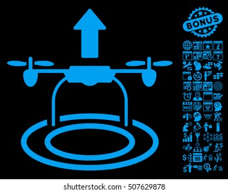 Start Drone icon with bonus calendar and time service symbols. Vector illustration style is flat iconic symbols, blue color, black background.