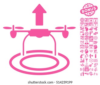 Start Drone icon with bonus calendar and time service images. Vector illustration style is flat iconic symbols, pink color, white background.