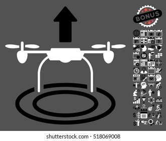 Start Drone icon with bonus calendar and time service symbols. Vector illustration style is flat iconic symbols, black and white colors, gray background.
