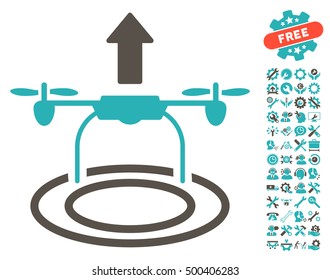 Start Drone icon with bonus settings clip art. Vector illustration style is flat iconic symbols, grey and cyan colors, white background.