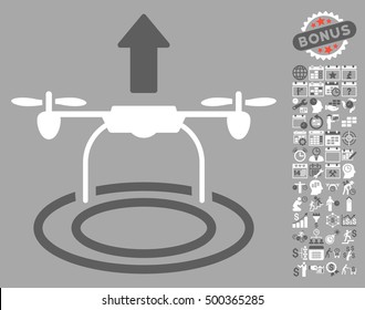 Start Drone pictograph with bonus calendar and time service clip art. Vector illustration style is flat iconic symbols, dark gray and white colors, silver background.