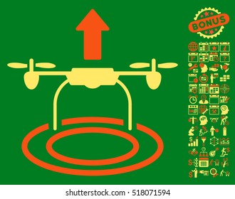 Start Drone pictograph with bonus calendar and time management images. Vector illustration style is flat iconic symbols, orange and yellow colors, green background.