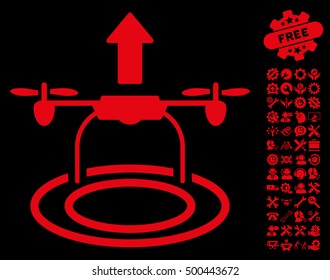 Start Drone pictograph with bonus options icon set. Vector illustration style is flat iconic symbols, red color, black background.