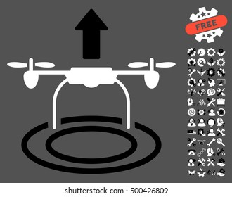 Start Drone pictograph with bonus service symbols. Vector illustration style is flat iconic symbols, black and white colors, gray background.