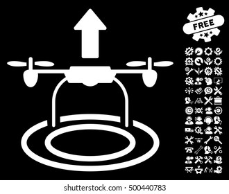 Start Drone pictograph with bonus settings clip art. Vector illustration style is flat iconic symbols, white color, black background.