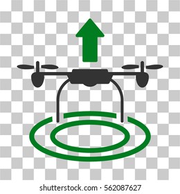 Start Drone vector pictogram. Illustration style is flat iconic bicolor green and gray symbol on a transparent background.