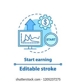 Start earning concept icon. Internet business idea thin line illustration. Traffic conversion. Marketing. Profit growth. Vector isolated outline drawing. Editable stroke