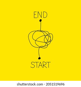 Start and end symbol. Beginning and finish concept with tangled line. Business process, solution icon. Development, coaching illustration.