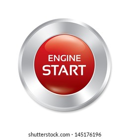 Start Engine button. Vector red round sticker. Realistic metallic icon with gradient. Isolated.