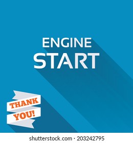 Start engine sign icon. Power button. White flat icon with long shadow. Paper ribbon label with Thank you text. Vector