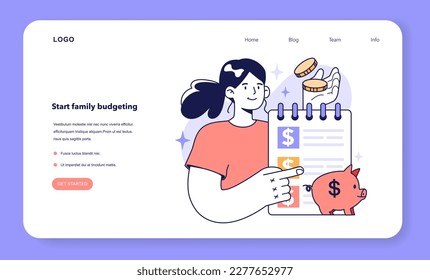 Start family budgeting to optimize your expenses. Useful guidance for efficient household budgeting and economy. Family budget expenses management. Flat vector illustration