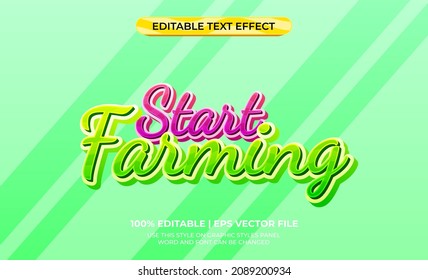 Iniciar efecto de texto 3d de la agricultura con un tema brillante y colorido. plantilla de tipografía para un evento verde de marcha o producto fresco