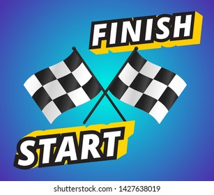 Start and Finish 3d extrude text with Checkered flag fluttering on blue gradient background. Sport competition concept in vector EPS 10.