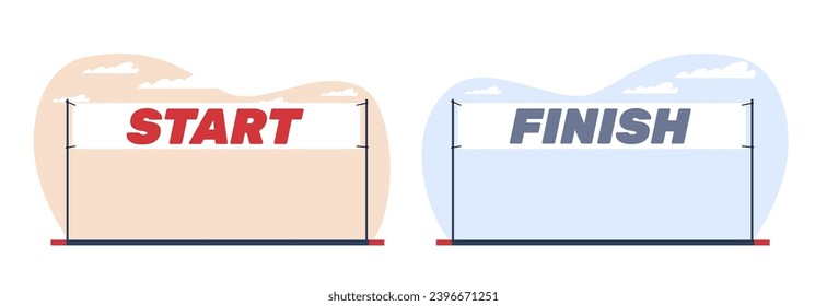 Lanzar y terminar las pancartas. Banderas para maratón o carreras, triatlón y competición de esquí. Equipamiento para el estadio y el estadio deportivo. Pendiente de pista de carreras. Concepto de vector aislado plano de dibujos animados