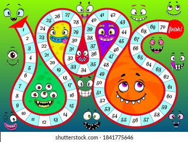 Start to finish board game vector template with cute cartoon monster faces. Children dice boardgame, strategy maze or puzzle with path of numbered steps, funny vampire, alien, cyclop, troll and goblin