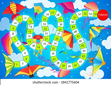 Start To Finish Children Board Game Vector Template With Cartoon Kites And Route Map With Numbered Steps On Blue Sky Background. Kids Maze Or Puzzle Boardgame With Colorful Paper Toys