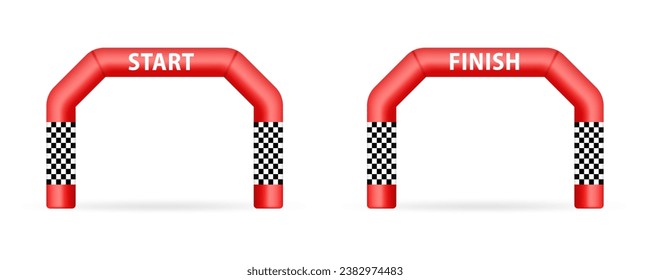 Start, finish flag and banner for concept design. Inflatable finishing arch illustration. Red inflatable arch, suitable for a variety of outdoor sports activities. Vector illustration