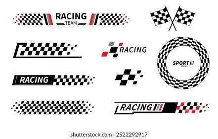 Sinalizador de início e término. Bandeira de corrida. Sinalizador xadrez. Listas de corrida. Gráficos de automobilismo de corrida. Ilustração vetorial