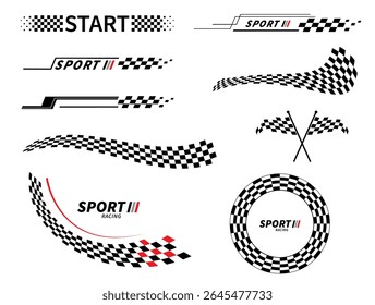 Start and finish flag. Race flag. Checkered flag. Racing stripes. Race motorsport graphics. Vector illustration