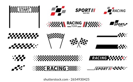 Sinalizador de início e término. Bandeira de corrida. Sinalizador xadrez. Listas de corrida. Gráficos de automobilismo de corrida. Ilustração vetorial	